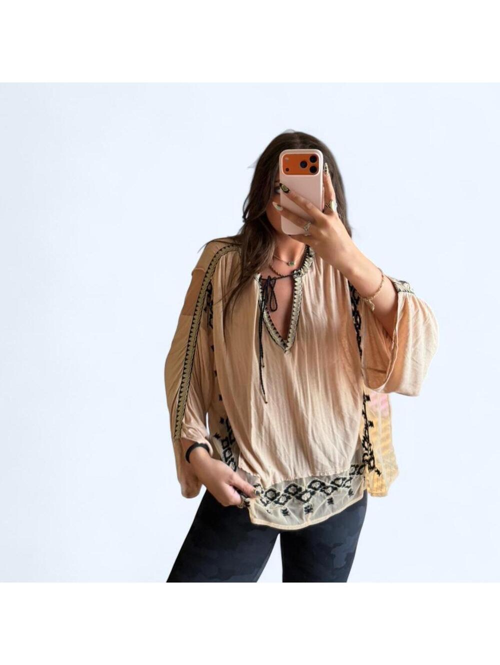 Free people Cream and black embroidered blouse with bell sleeves